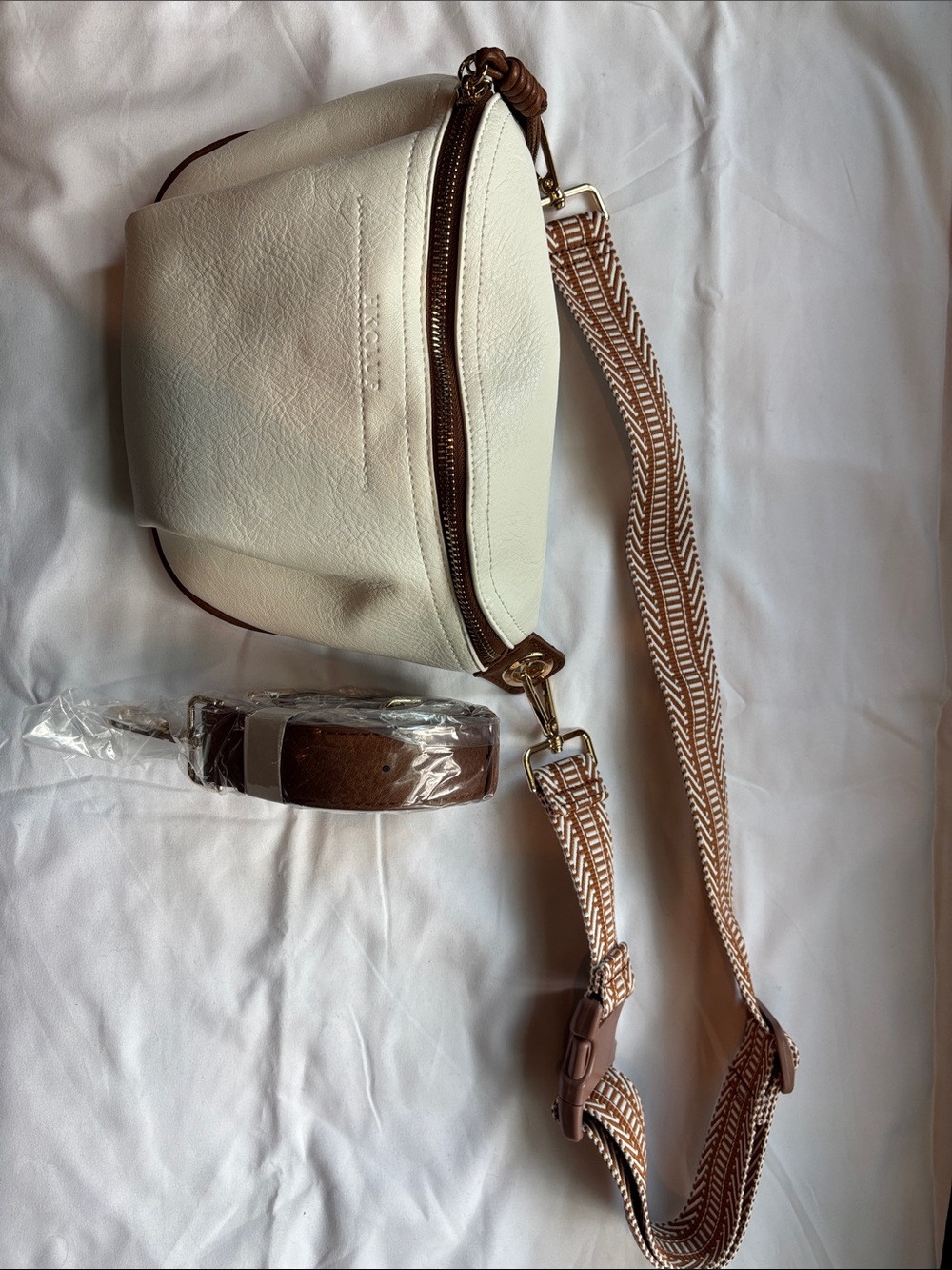 Cream Crossbody Bag with Vegan Leather Brown Accent Strap